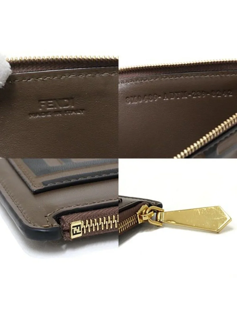 Fendi FF Diamond Card Slot Zucca Pattern Fragment Case Coin Purse Leather Brown